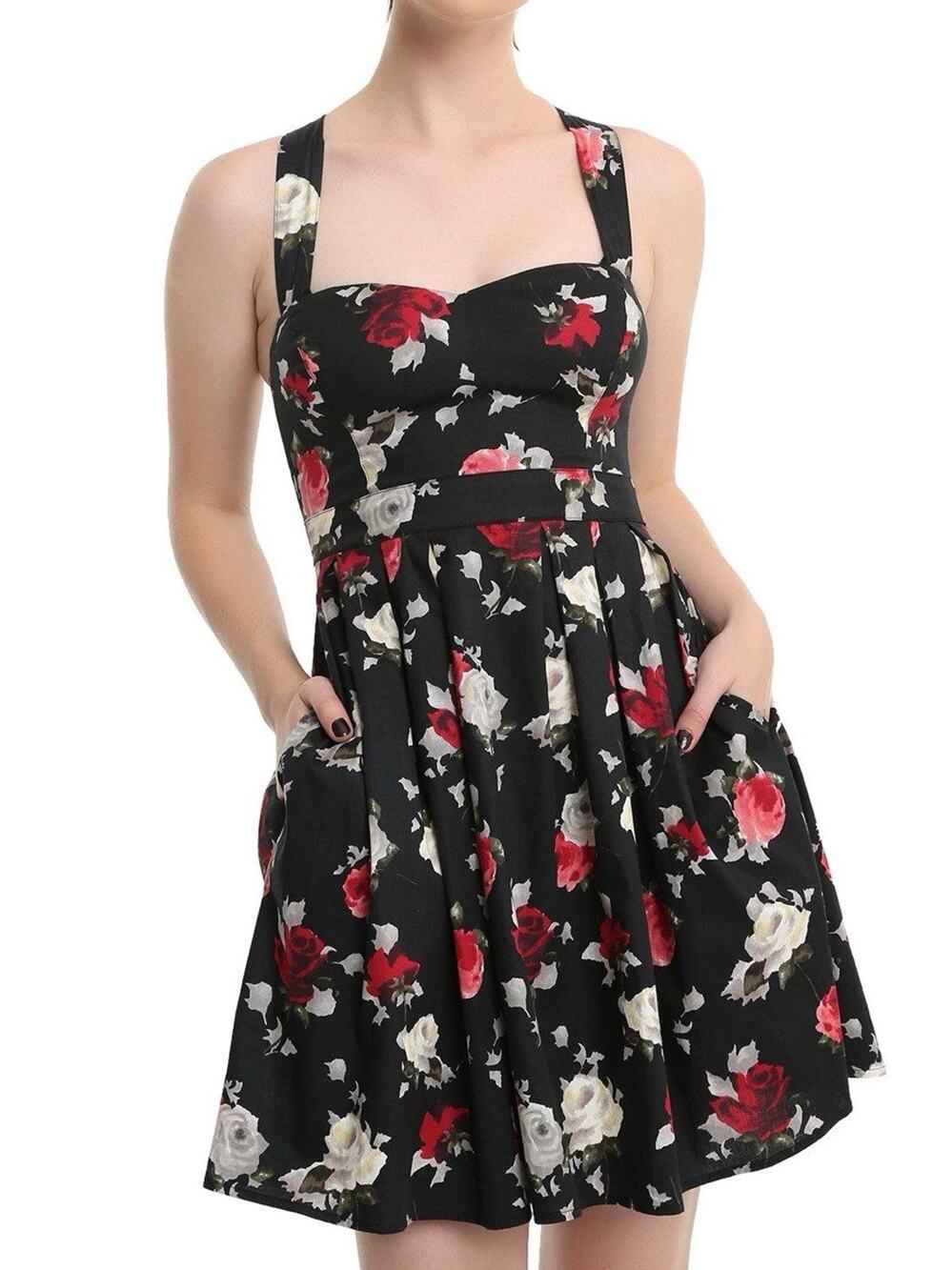Hell Bunny Floral Red Black Bow Halter Swing Dress Size XS